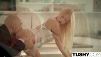Naked blonde gets huge tits massaged
